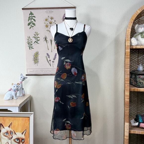 Vintage Dresses & Skirts - Vintage 90s Y2k Floral Mesh Babydoll Dress Romantic Sexy Whimsigoth Dark Fairy M